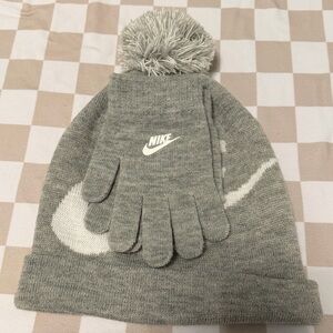 Nike Kids Gray Pom Beanie and Matching Gloves Set
